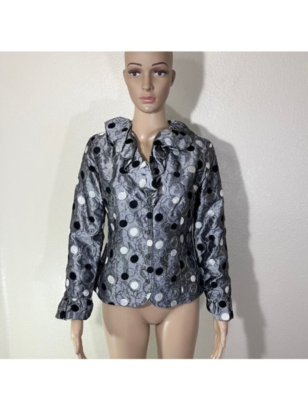 Samuel Dong Silver Art Embroidered Ruffle Jacket Size XS